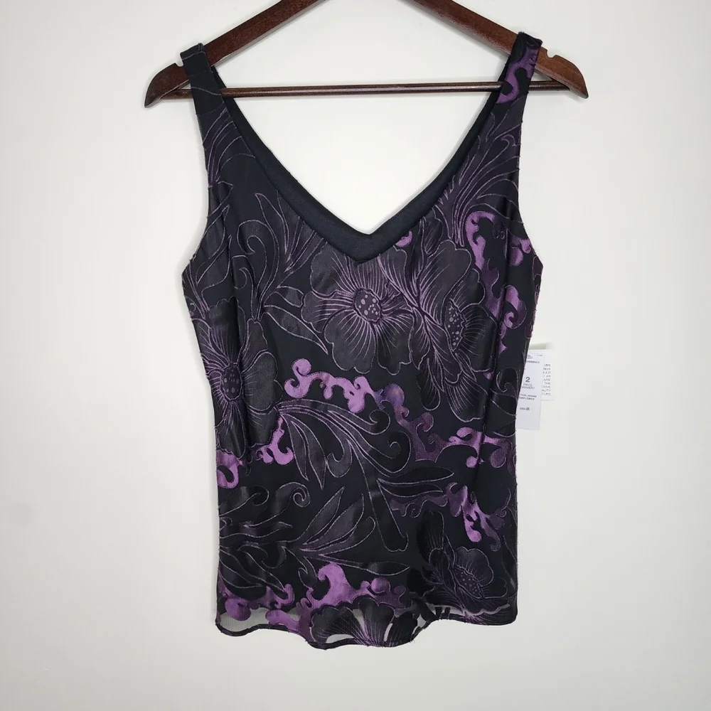 Alex Evenings Black & Purple Floral Burnout Velvet Tank Top Medium Whimsigoth